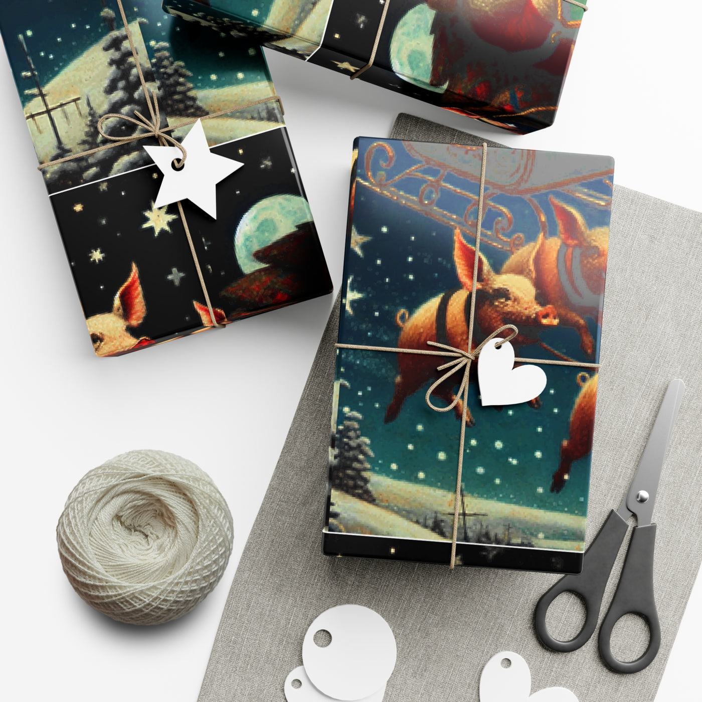 Wrapping paper with a quirky holiday design of flying pigs.