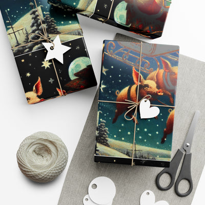 Wrapping paper with a quirky holiday design of flying pigs.