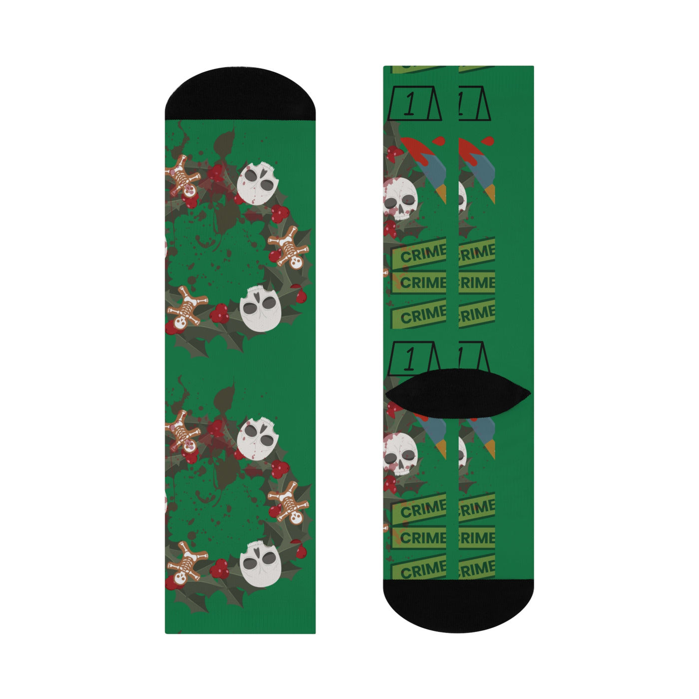 Green crew socks with a true crime wreath design featuring skulls and gingerbread men.