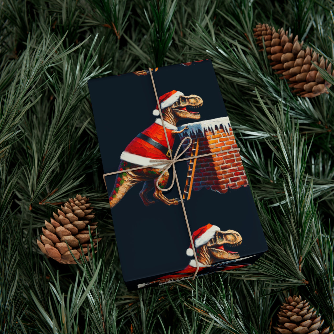 Dinosaur gift wrap with a T-Rex in a Santa suit on a dark background.