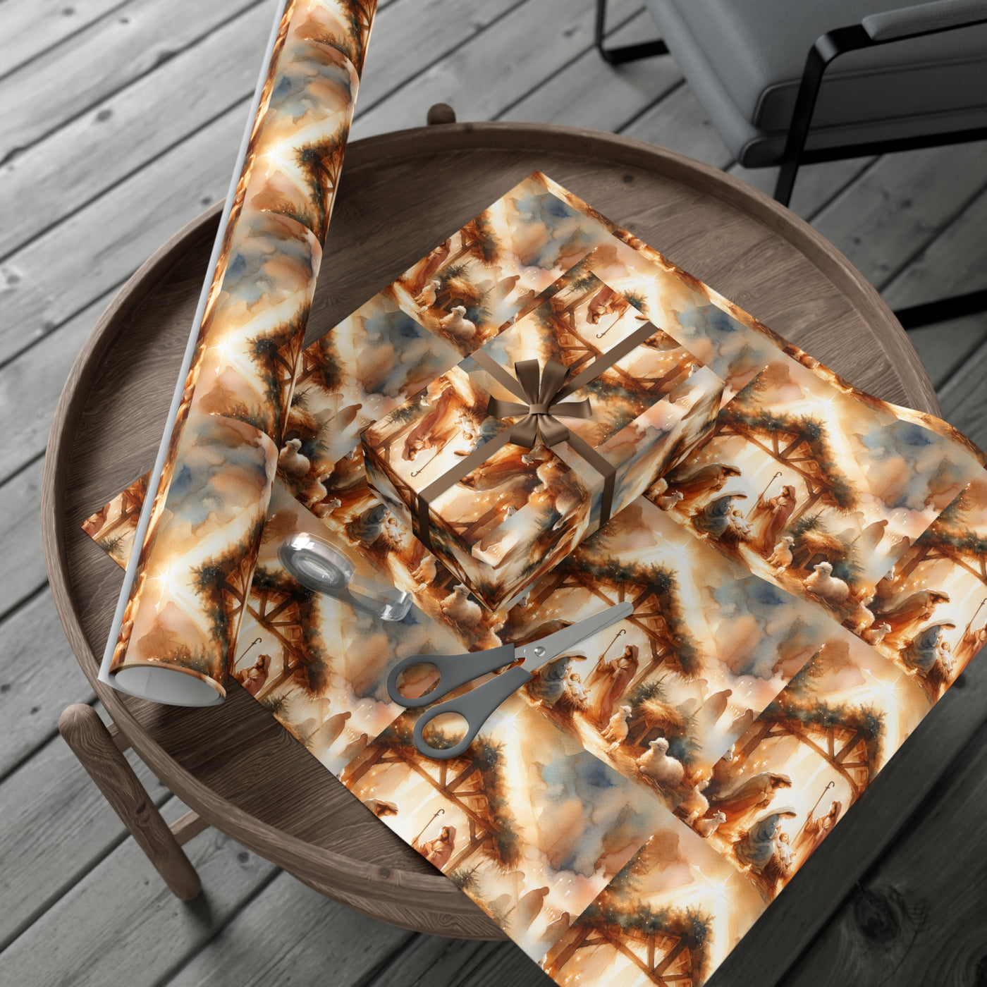 Christmas gift wrap with an elegant nativity scene design.