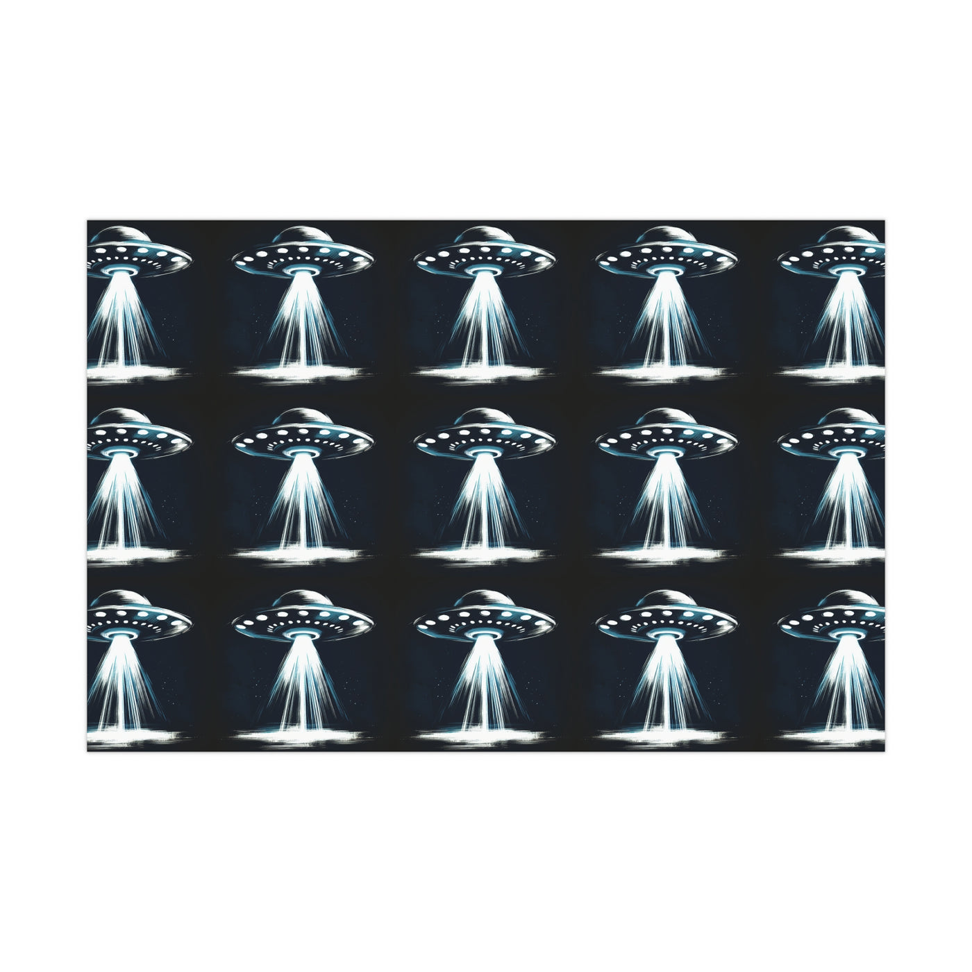 Wrapping paper with a repeating pattern of glowing UFOs beaming light down.