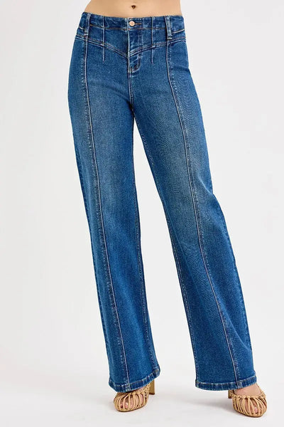 High-waisted RISEN wide leg jeans with front seam detail in light blue denim, styled for casual and chic wear.

