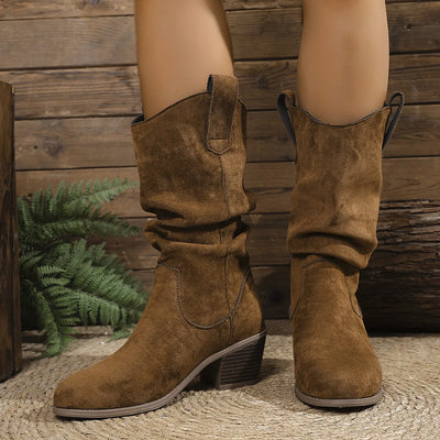Brown suede mid-heel slouch boots with block heels.
