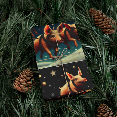 Wrapping paper with a whimsical design of flying pigs on a starry night.
