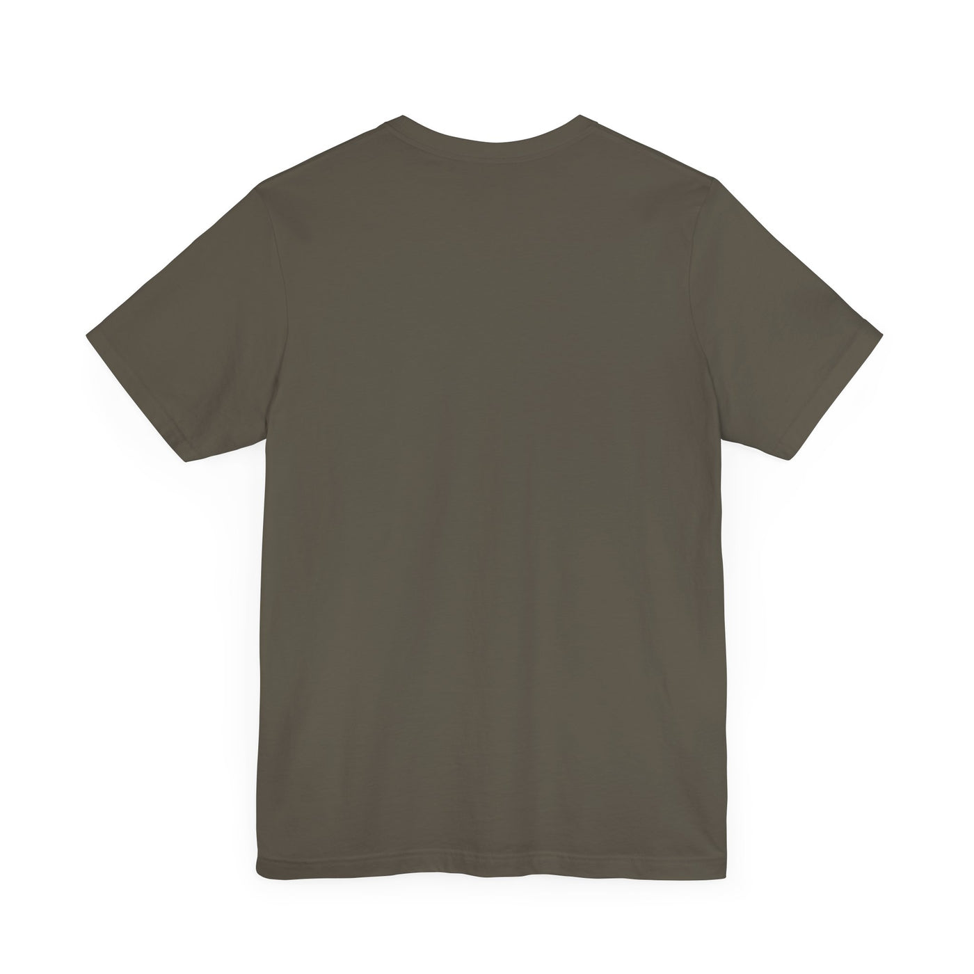 A plain, dark grey t-shirt with short sleeves and a crew neck.
