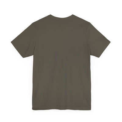 A plain, dark grey t-shirt with short sleeves and a crew neck.