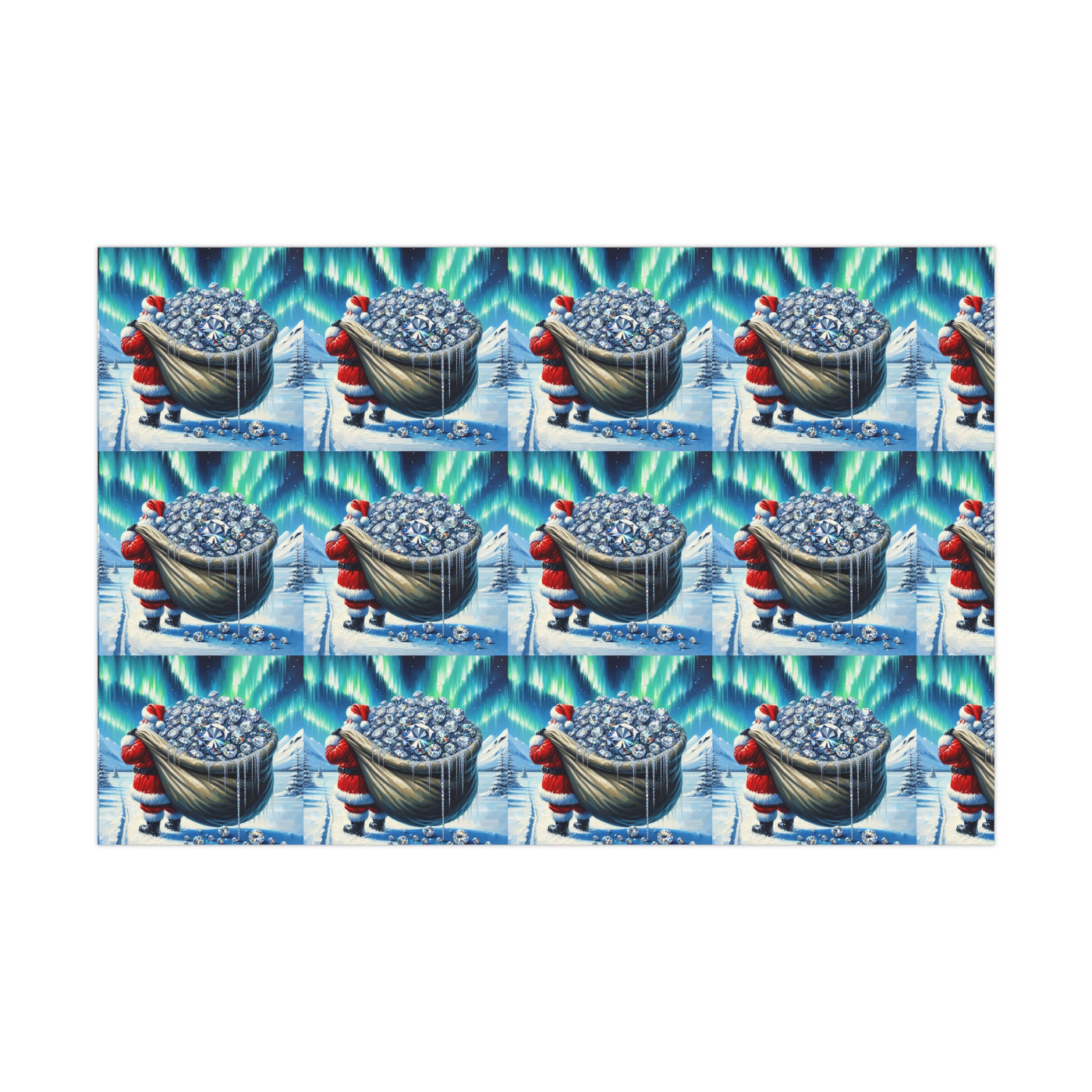 Wrapping paper with a repeating pattern of Santa carrying a sack of diamonds under the aurora borealis.