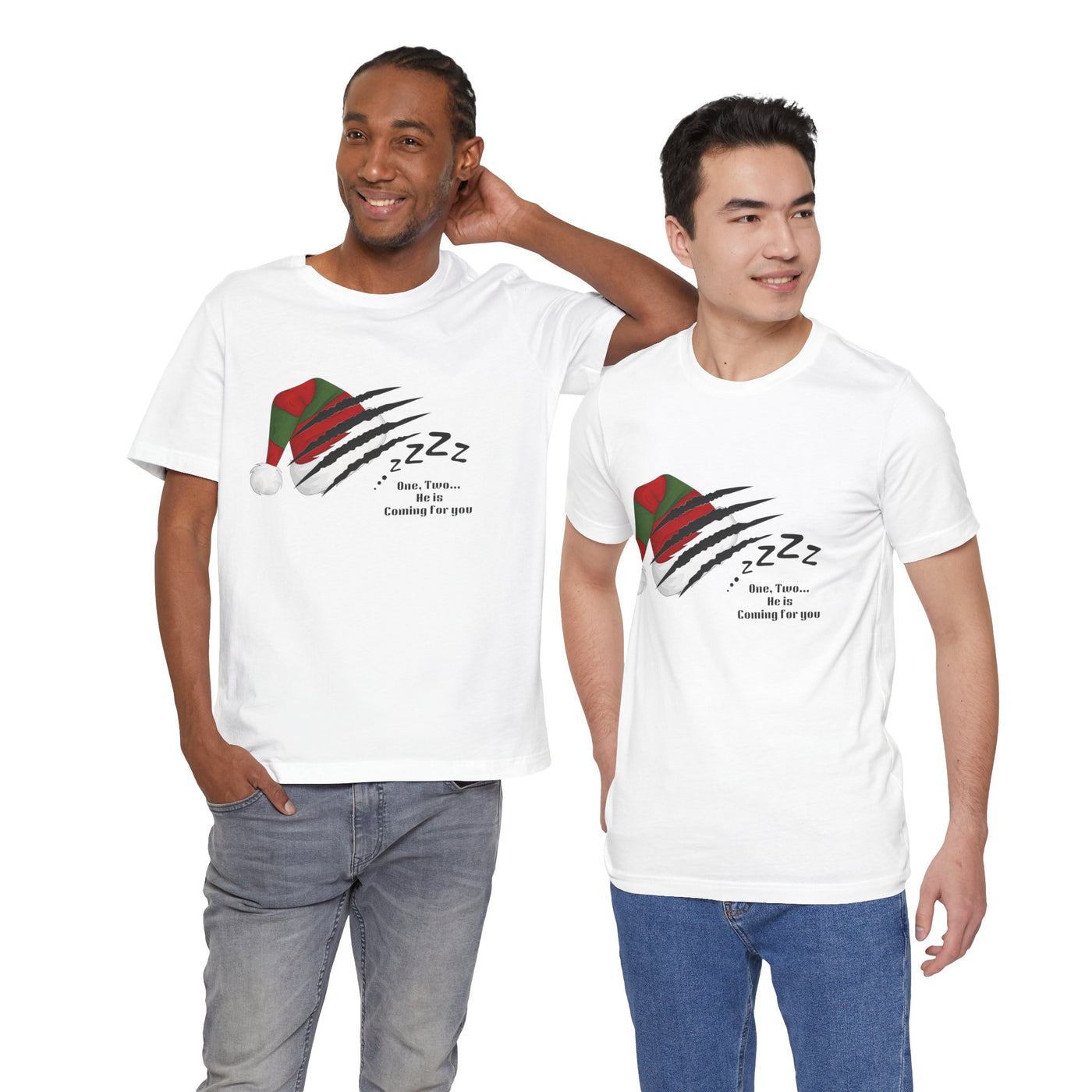 Two men in white t-shirts with a "Nightmare on Elm Street" holiday graphic.