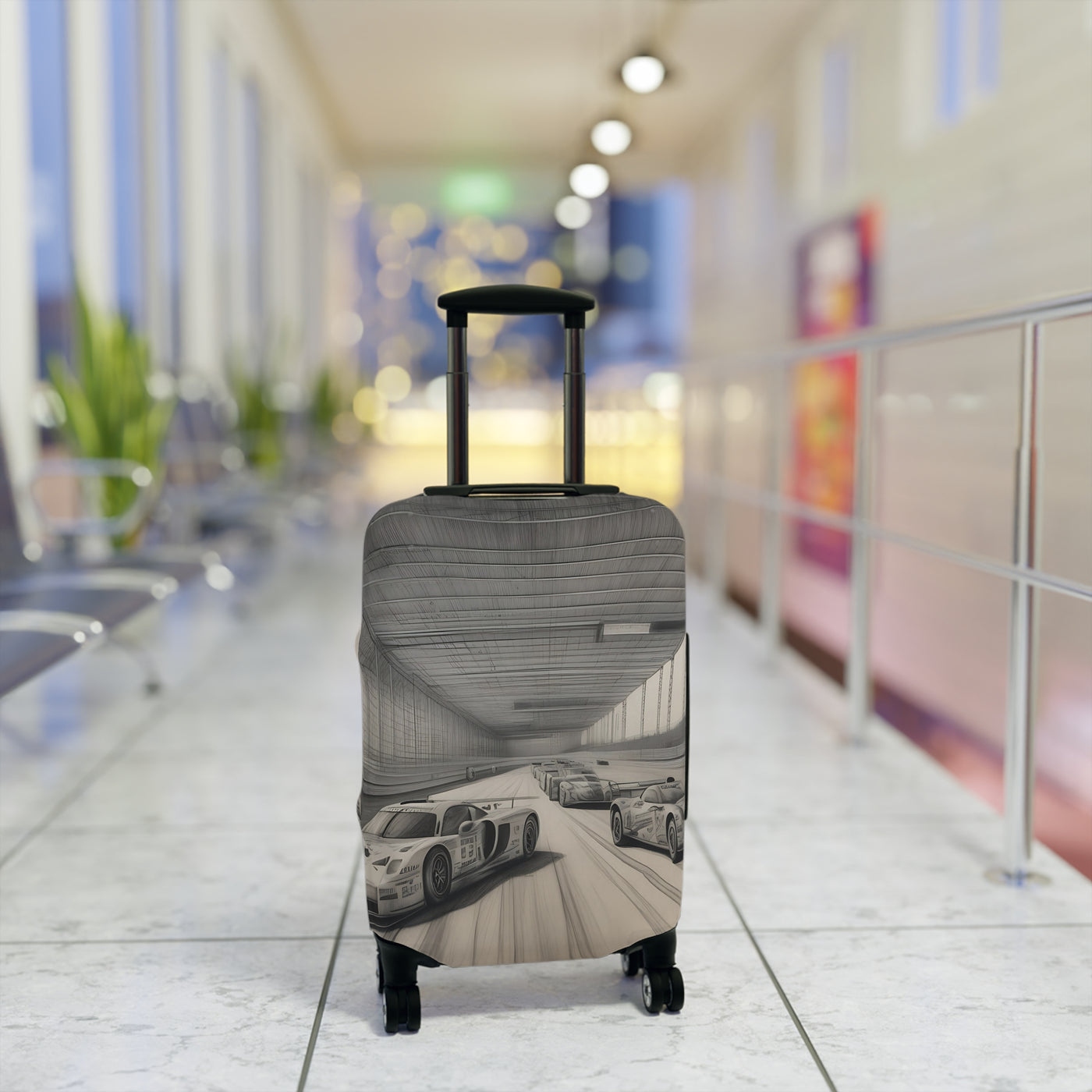 Luggage with a car design on a suitcase in an indoor setting