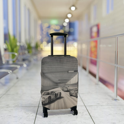 Luggage with a car design on a suitcase in an indoor setting