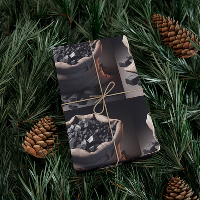 Gift wrap paper with a burlap sack of coal design.