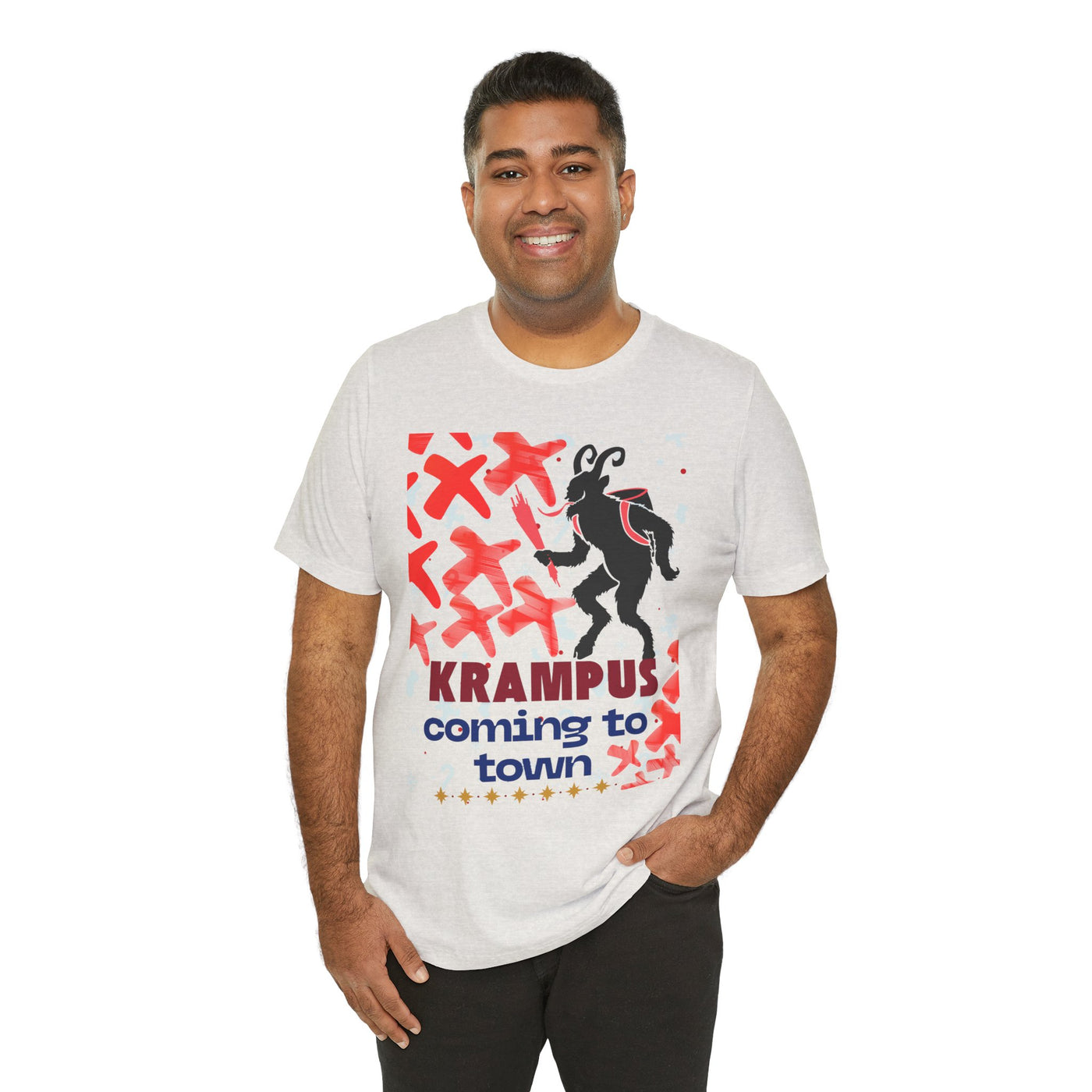 A man wears a light grey t-shirt with a Krampus graphic and text.