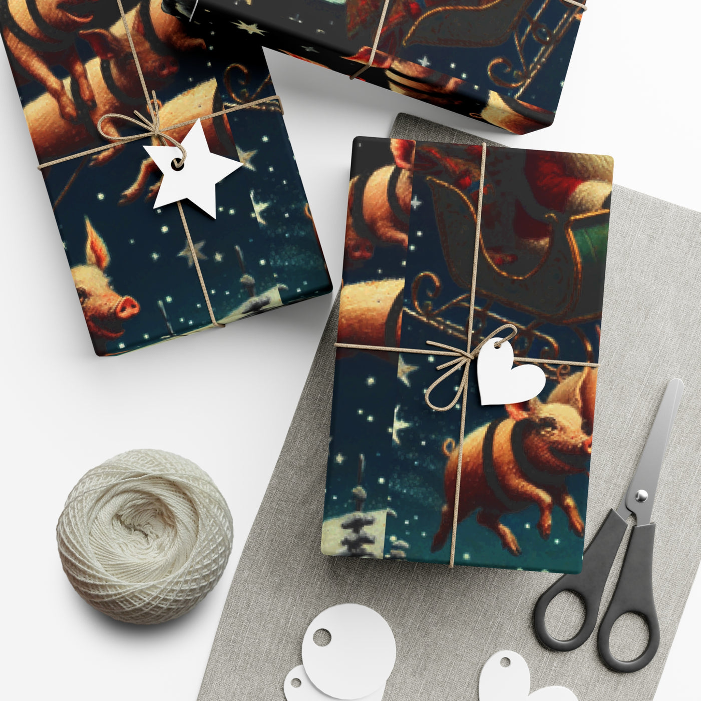 Wrapping paper with a quirky holiday design of flying pigs in a starry night sky.