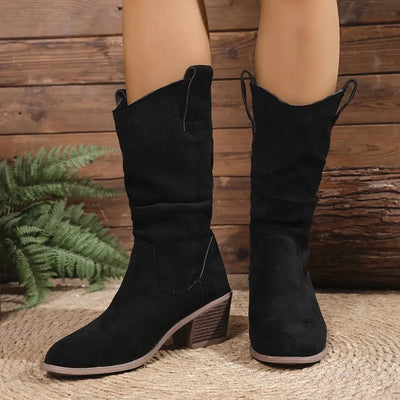 Black suede mid-heel boots with a block heel.