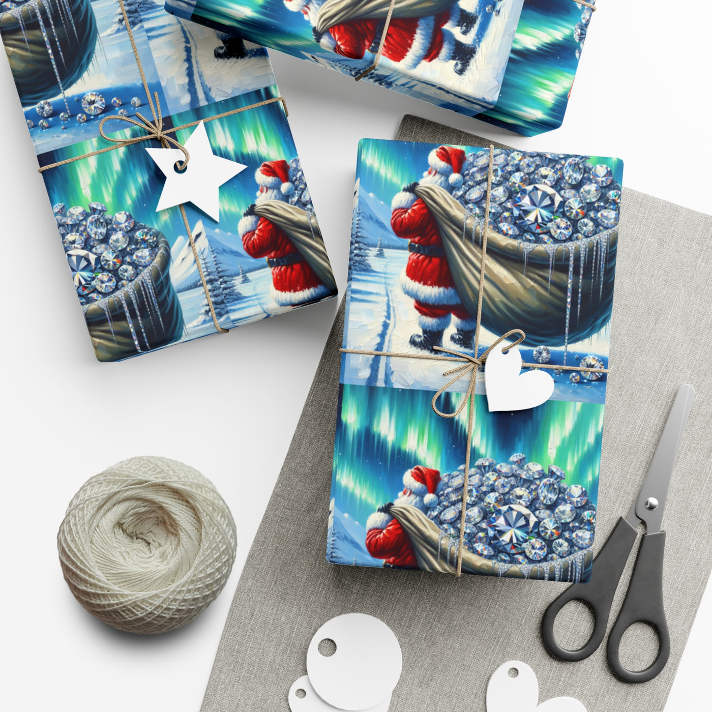 Gift wrap with a Santa Claus theme featuring diamonds and the aurora borealis.