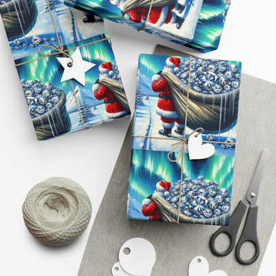 Gift wrap with a Santa Claus theme featuring diamonds and the aurora borealis.