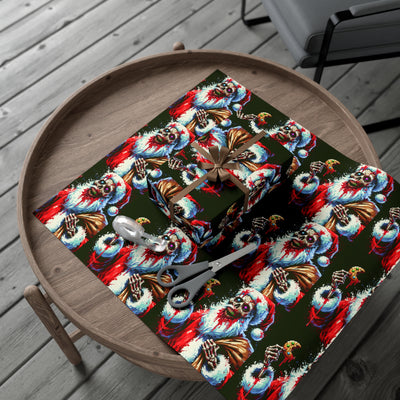 Zombie Santa wrapping paper with a gift, scissors, and tape on a wooden table.
