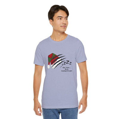 Unisex t-shirt with a Nightmare on Elm Street holiday graphic.