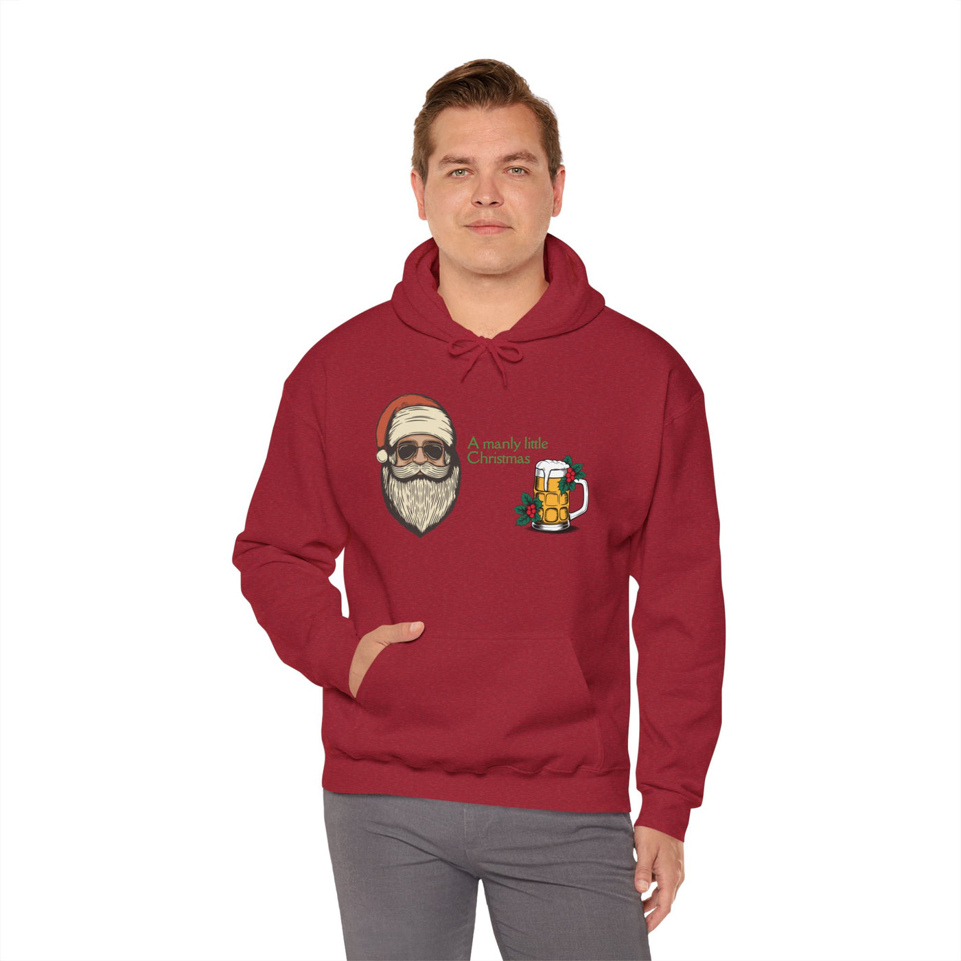 A red hoodie with a Santa graphic and a beer mug.