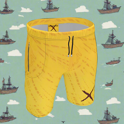 Yellow sweat shorts with a tie-dye pattern and an X graphic.
