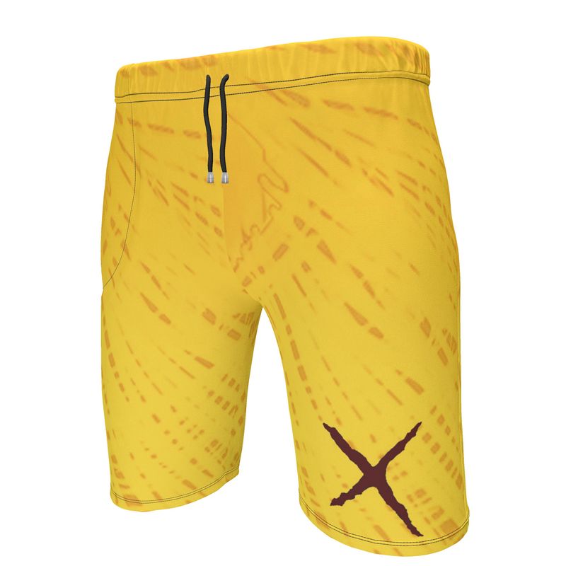 Yellow sweat shorts with a distressed pattern and a dark red X graphic.