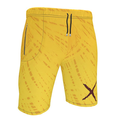 Yellow sweat shorts with a distressed pattern and an X graphic.