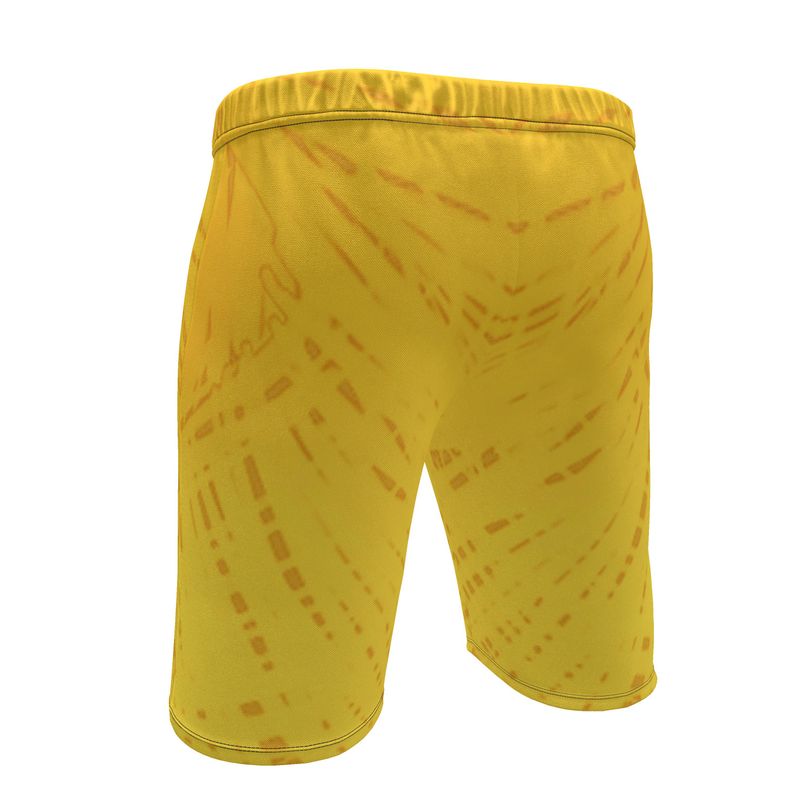 Yellow men's sweat shorts with a patterned design.