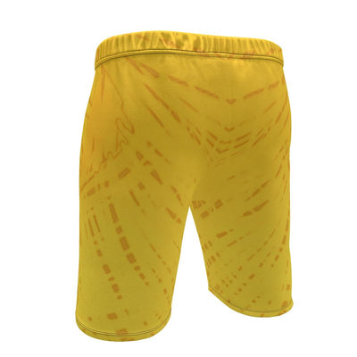 Yellow men's sweat shorts with a patterned design.