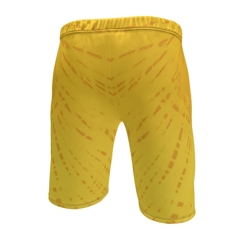 Yellow sweat shorts with an orange abstract pattern.