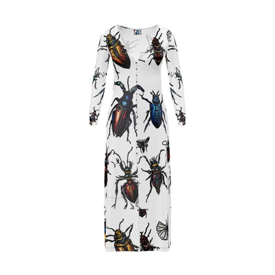White long-sleeved maxi dress with an all-over print of colorful insects.