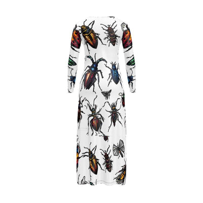White long-sleeved dress with a print of various colorful insects.