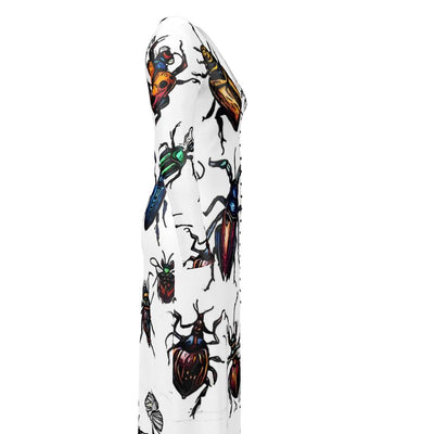 White cardigan with a colorful insect print.