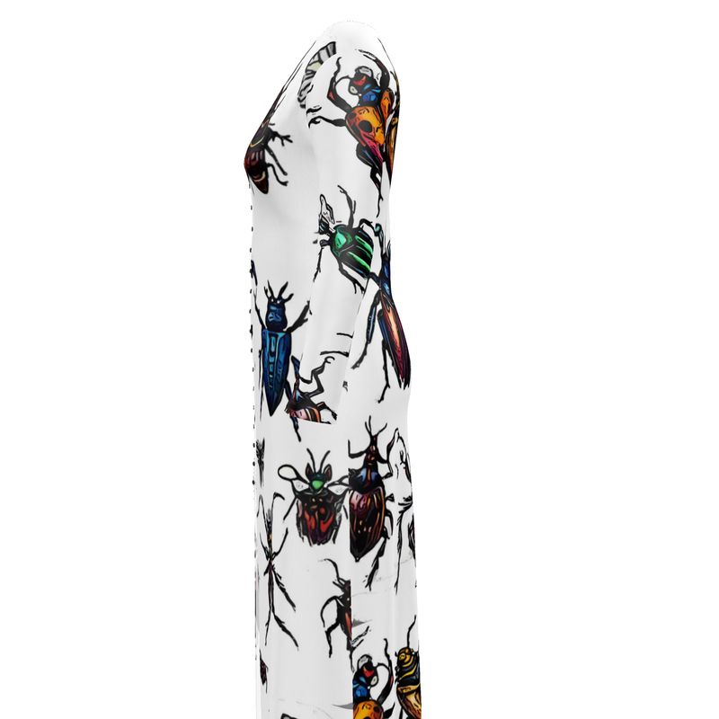 White cardigan with a colorful insect print.
