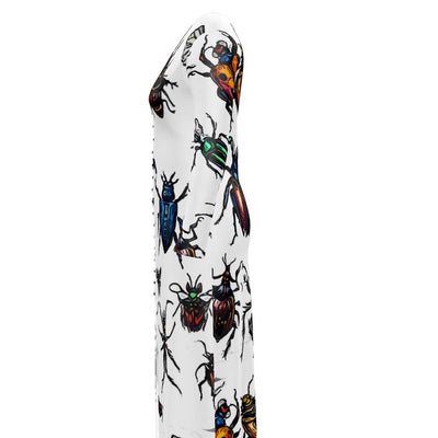 White cardigan with a colorful insect print.
