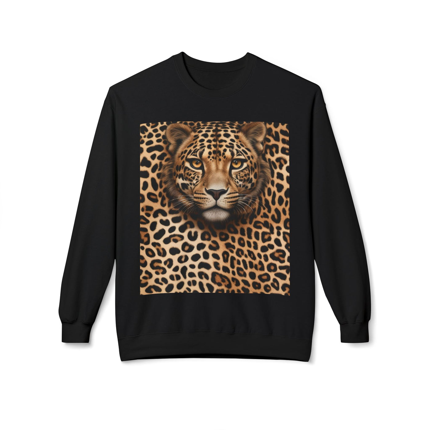Black sweatshirt with a realistic cheetah face and fur print.