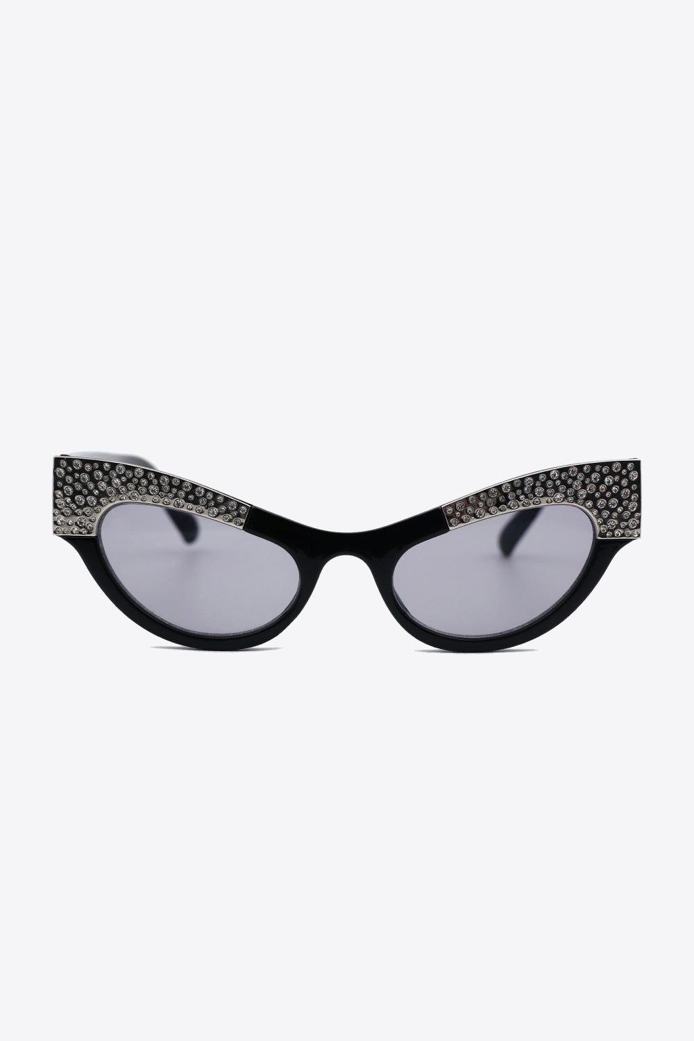 Cat-eye sunglasses with rhinestone trim and grey lenses.