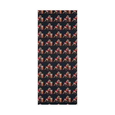 Gift wrap with a repeating pattern of T-Rex dinosaurs in Santa suits climbing a brick chimney.