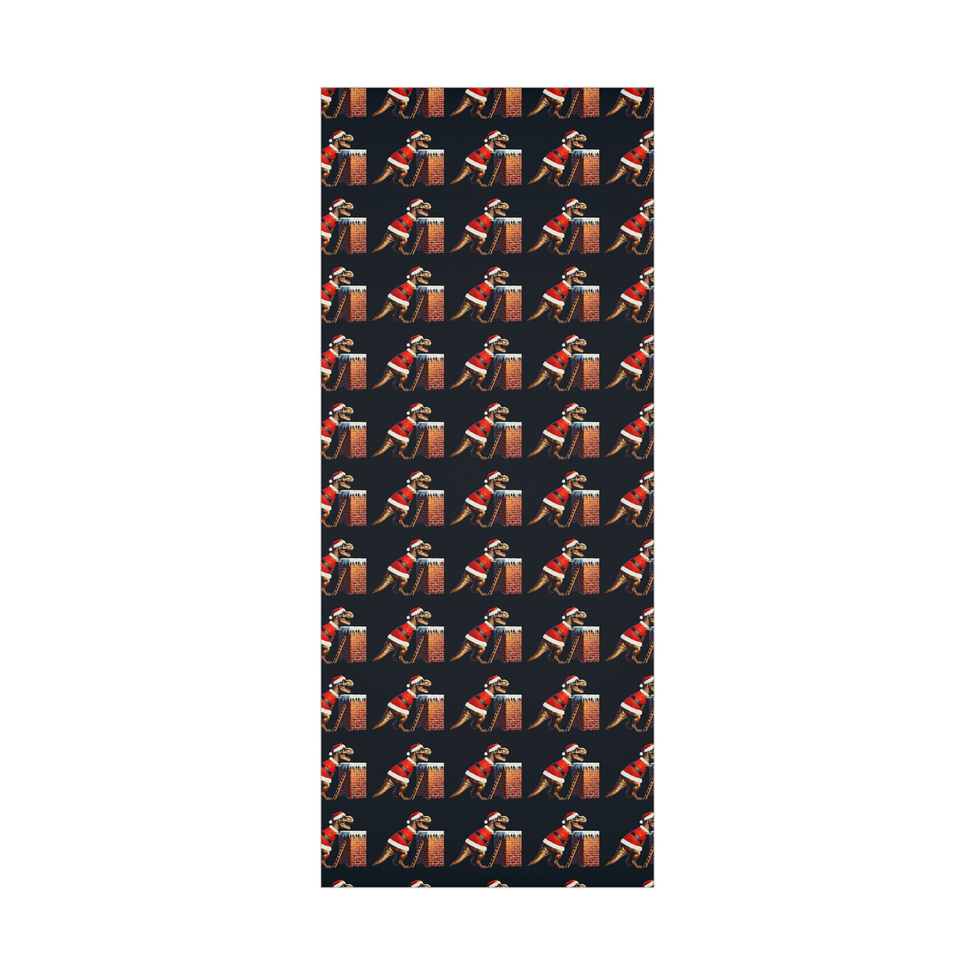 Gift wrap with a repeating pattern of T-Rex dinosaurs in Santa suits climbing a brick chimney.