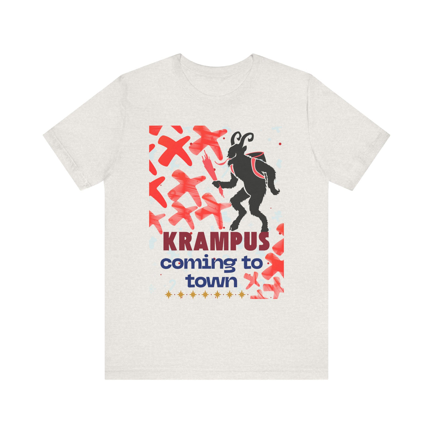 A light grey t-shirt with a graphic of Krampus and the text "Krampus coming to town".