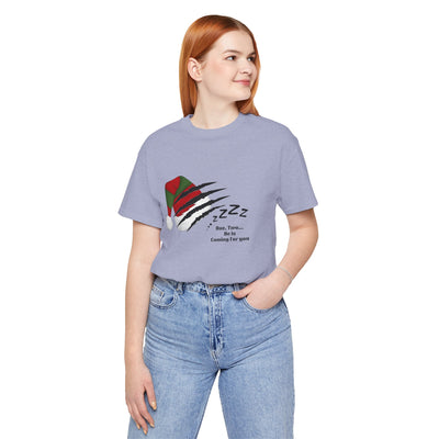 A light purple t-shirt with a Nightmare on Elm Street graphic.