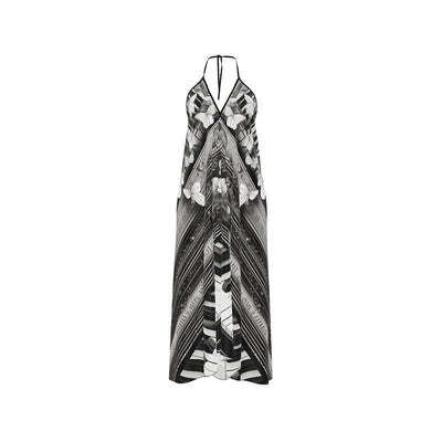 Black and white silk halter summer dress with butterfly print design, ideal for elegant warm-weather wear
