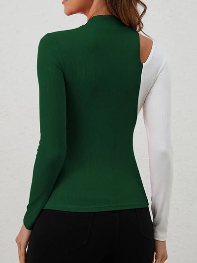 Green and white long-sleeve t-shirt with a cutout shoulder.