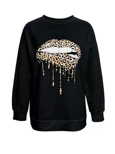 Black t-shirt with a leopard print dripping lips graphic.