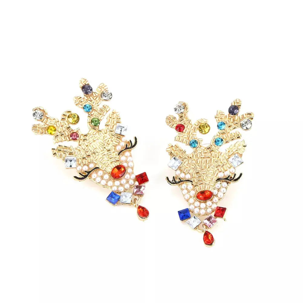 18K gold-plated reindeer earrings with colorful rhinestones and pearls.