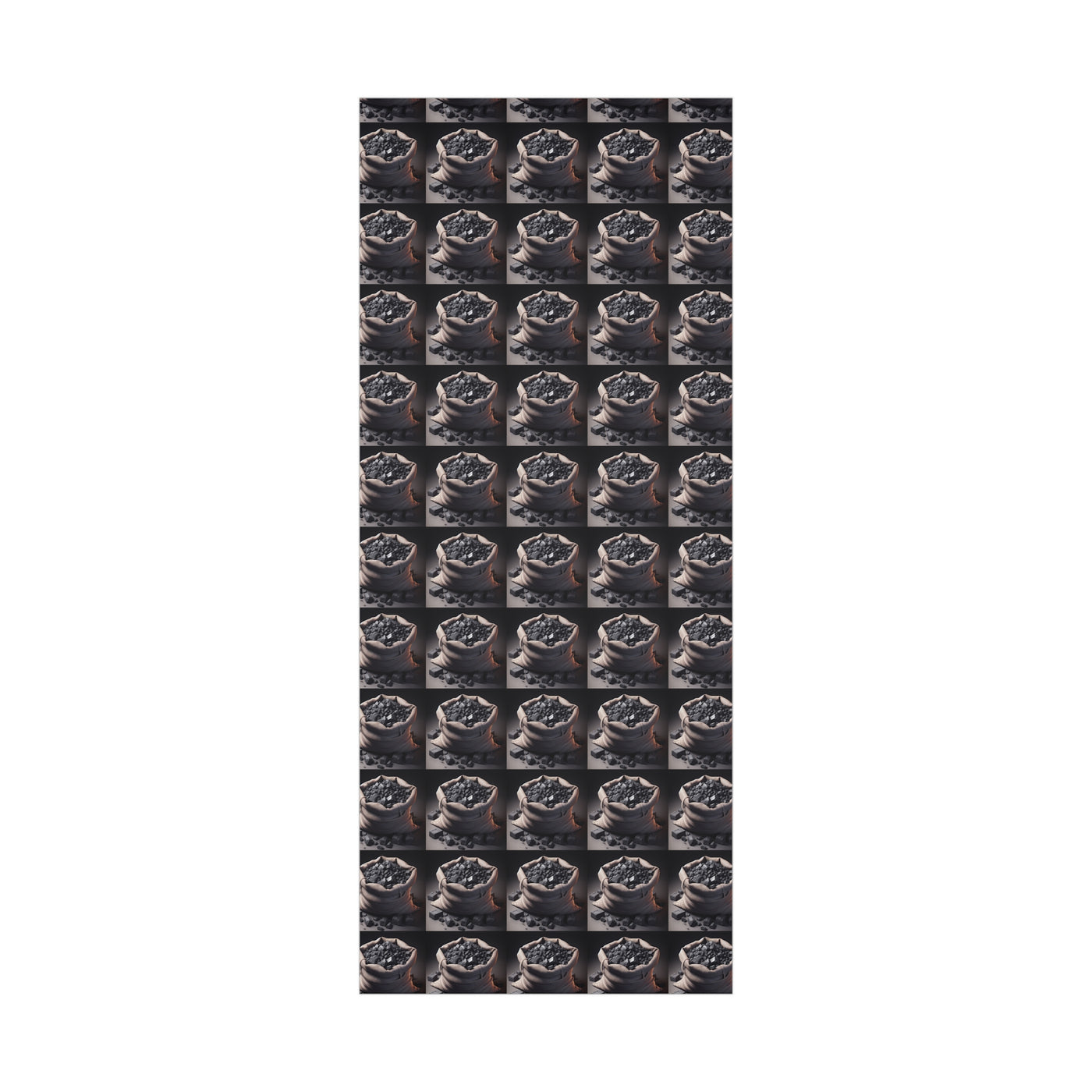 Gift wrap paper with a repeating pattern of burlap sacks filled with coal.