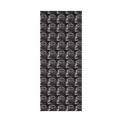 Gift wrap paper with a repeating pattern of burlap sacks filled with coal.