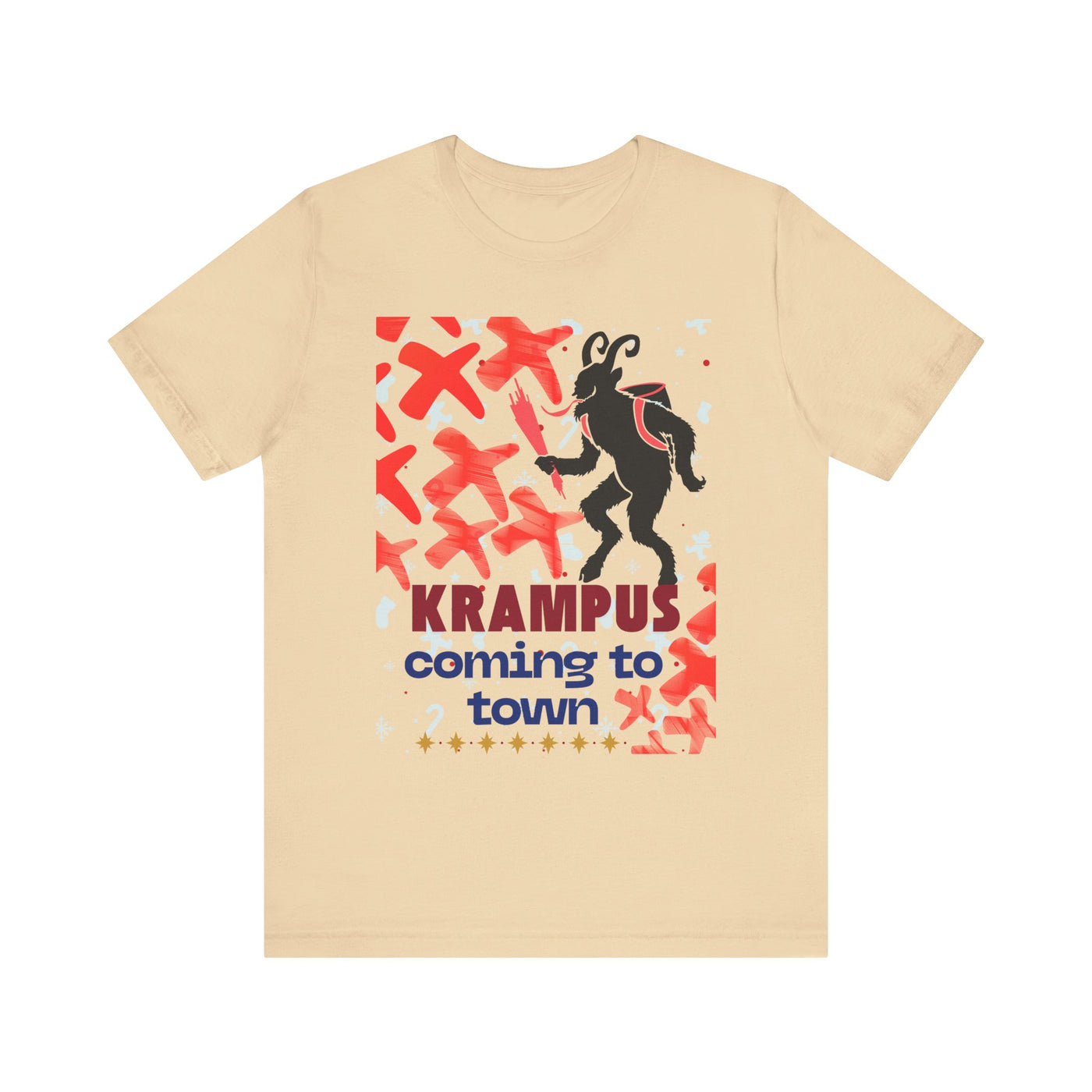 A tan t-shirt with a graphic of Krampus and the text "Krampus coming to town".