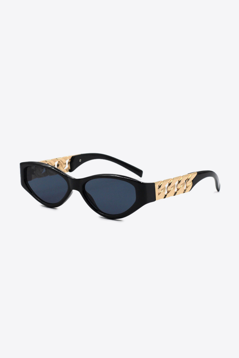 Black cat eye sunglasses with gold chain detail on the temples.