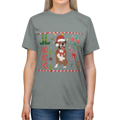 A grey t-shirt with a festive Christmas dog design and "Ho Ho Ho" text.